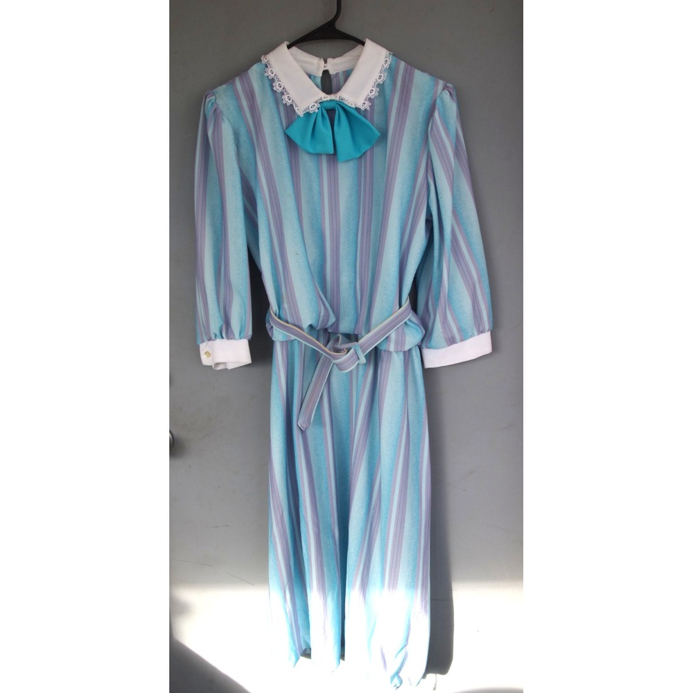 Vintage 80s Dress Secretary Geek Corpcore USA 14 Collar Bow Belted‎ Striped